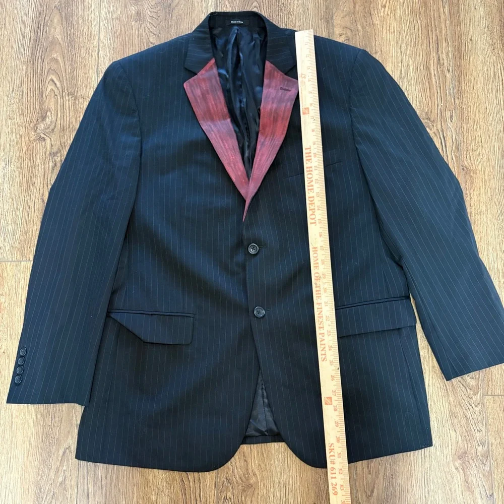 Pronto Uomo Mens 44R Black Pinstripe 100% Wool Blazer Red Painted Lapel Jacket - Picture 3 of 8